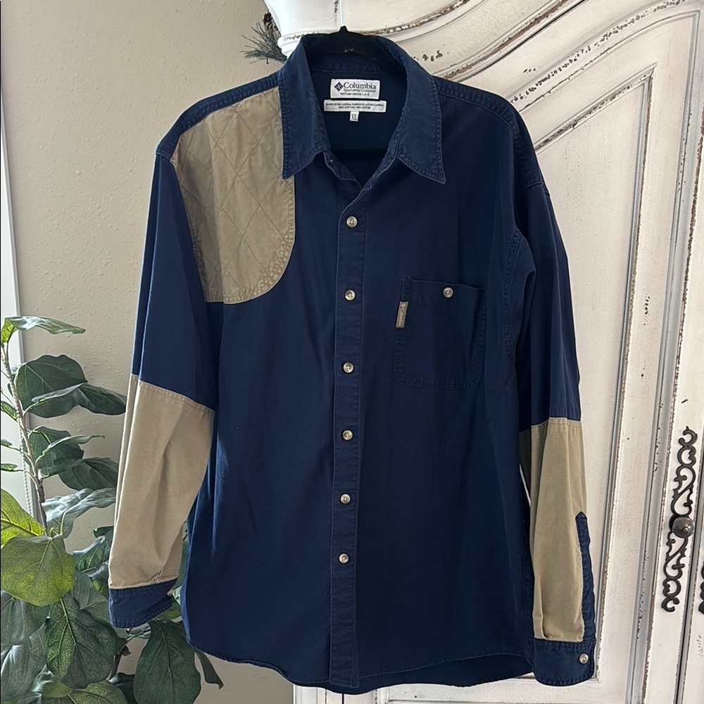 Columbia Shirt Mens XL Blue/Beige Shooting Shoulder Patch Pocket Button Up